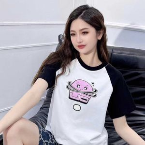 High quality designer clothing The correct the childlike planet surround letter print color blocking fitting womens T-shirt ancient short sleeved couple