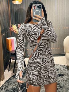 Sıradan elbiseler moda tarzı yarı şeffaf örgü zebra desen baskı uzun kollu elbise kadın streç ince fit seksi kesim etek