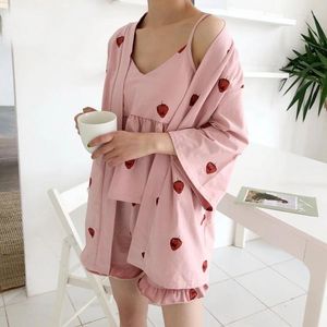 Home Clothing Autumn Pajama Sets Women 3 Pieces Cotton Cute Top Shorts Robe Elastic Waist Pijama Loose Homewear Nightwear Pyjama