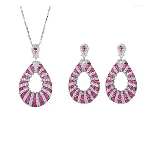 Necklace Earrings Set Wedding Jewelry Ethnic Style Full Pave Rose Red Stone Zircon Water Drop Shape Women Earring