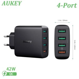 Aksesuarlar Aukey Pat18 42W Hızlı Şarj EU Fişi 4 USB Port 3.0 Duvar Hızlı Şarj Cihazı İstasyonu/Huawei/Xiaomi/Switch Aksesuarları