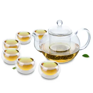 Tee-Sets 1x Teaset-1 Big 1000ml Hitze-resistierende Glas-Teekanne mit künstlerischem Deckel 6 Tassen