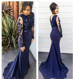 Vestidos 2021 Special Occasion Formal Evening Dresses Navy Blue Sheer Long Sleeves Mermaid Mother Dresses Appliqued Satin Party Go6139409