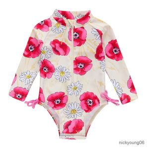 Jednoczęściowe 2023 Summer Toddler Baby Girl Swimsuit Słodki niemowlę z długim rękawem jednoczęściowy kwiatowy noworodki kostium kąpielowy Bikini