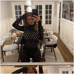 Womens Jumpsuits Rompers Hollow Out Women 2021 Turtleneck Y Net Plaid Hole Skinny Elastic Club Streetwear Solid Female Outfits Drop De Dhohx