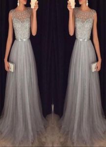 Modest Prom Dress Long Unique Beading Ribbon Sash Grey Dress For Teens 2019 Plus Size Tulle Evening Formal Party Gowns8252013