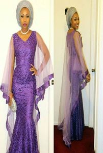 Aso Ebi Purple Prom Dresses 2018 V Neck Sheer Tulle Cap Sleeves Evening Gowns Plus Size Mermaid Formal Party Dress South African V3231955