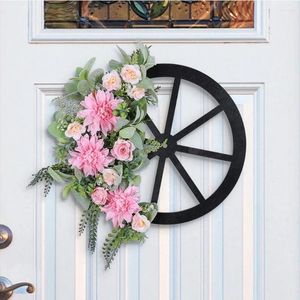 Decorative Flowers 41cm Simulation Wreath Fabric Texture Yellow Flower Wooden Wheel Wood Wheels Pink