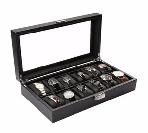 2018 12 slots kolfiber smycken display watch box case lagringshållare höggrad svart stor caixa para relogio saat kutusu6249676