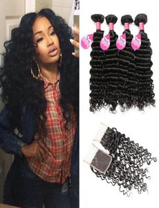 Meetu Mink Brasilian Malesia indiano peruviano Deep Wave Human Weave Bundles con chiusura interi 828 pollici per donne tutte AG4134711