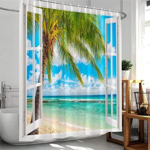 シャワーカーテンオーシャンビーチアイランドココナッツツリーシーウェーブホワイトウィンドウ自然景色ポリエステル生地のバスルームの装飾