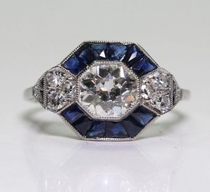 Antika smycken 925 Sterling Silver Diamond Sapphire Bride Wedding Engagement Art Deco Ring Storlek 5127050443