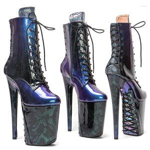 Sapatos de dança Leecabe 23cm/9 polegadas Shinny Snakeskin Material Lace Up Sole e Upper High Heels Pólo Boot
