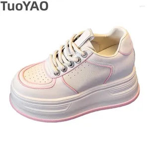 Casual Shoes 8.5cm Women Platform Sneakers äkta läder snörning stabilt mode 2024 Spring Autumn Ladies Vulcanize High Brand Shoe