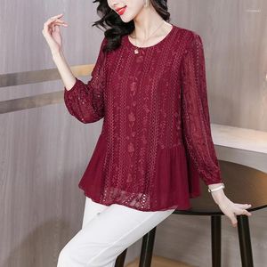 Women's T Shirts 2024 Silk Mesh Spliced Embroidered Long Sleeved Shirt T-shirt For Fashionable Black Loose Large Size Slimming Top