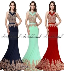 Real Po 2019 Gold Applique Beaded Two Pieces Prom Party Formal Dresses Sheer Neck Mint In Stock Luxury Arabic Dubai Occasion Ev7590721