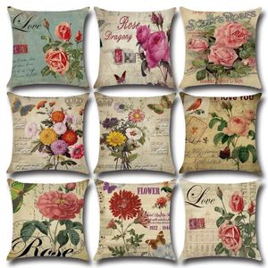 Pillow Retro Flower Cover Decorative Pillowcases Rose Pattern Cotton Linen Throw Case Almohada