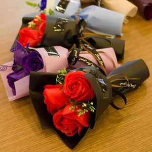 Flores decorativas 3 cabeças de buquê de rosa artificial com sabonete com sabão Flor do dia dos namorados Decor de casamento Amante Roses Packing Gift