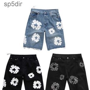 Denim jeans shorts män designer kvinnor kort jean för mens lyxiga höga qulity raka hål tätt blommor tryck kortbyxor smala hiphop street svarta byxor t0b6