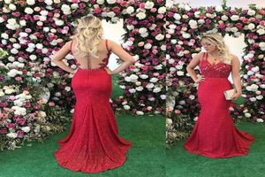 2020 Elegant Red Mermaid Evening Dresses V Neck Illusion Lace Pearls Tulle Sheer Back With Button Long Plus Size Formal Evening Go6755233