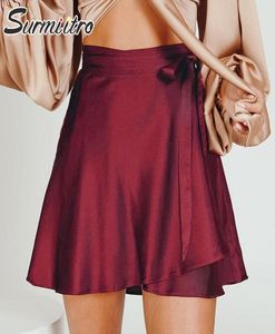 Spódnice Surmiitro 2021 Satin Summer Mini Wrap Spódnica Women Korean Style Czerwony różowy koronkowy koronka w wysokiej talii Kobieta 2424403