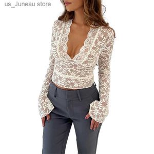 Women's T-Shirt Xingqing Aesthetic Lace Top Women Sexy Clothing S Through Dp V Neck Flared Long Slve T Shirts Party Clothes Clubwear 1 T240415