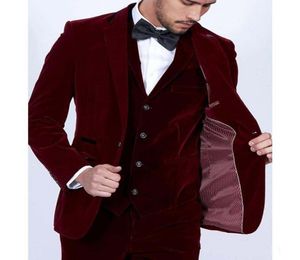 Burgundy Velvet Men Suits 2019 Slim Fit 3ピースブレザーテーラーメイドワインレッドグルームプロムパーティータキシードジャケットパンツベスト5675658