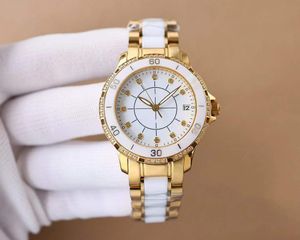 Classic Women Data Automática Relógios mecânicos Brown Couro genuíno Número de calendário Relógio de 12 séries da série Relógio Cerâmica Branca Relógio Relógio de 36mm à prova d'água