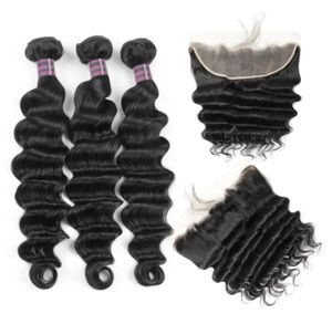 2021 Brazilian Loose Deep Human Hair Bundles with Closure Kinky Curly Straight 34 PCS with Lace Frontal Peruvian Body For Women A37119608