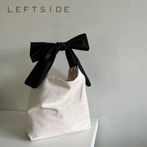 LEFTSIDE Japanese Style Simple Big Bow Design Soft Canvas Shoulder Bags for Women Tote Bento Bag Handbags and Purses 240403