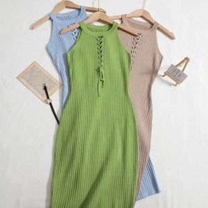 Summer Solid Beach Knitted Dress O Neck Sleeveless Chic sweet Slim Sundress Bodycon Y2K Mini Outfits 240401