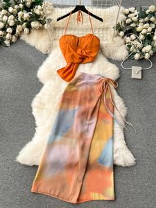 Arbetsklänningar sommarstrand två bitar kvinnor sexig grimma med bh gröda topp halo färgad wrap kjol dam mode orange boho chiffon outfits