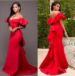 Gorgeous Red Off Shoulder Prom Dresses 2017 Satin Backless Mermaid Evening Gowns Saudi Arabia Ruched Sweep Train Formal Party Dres1318382