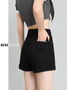 Jeans feminino shorts shorts de verão fino preto pequeno calça elástica de cintura alta alta e enrolada