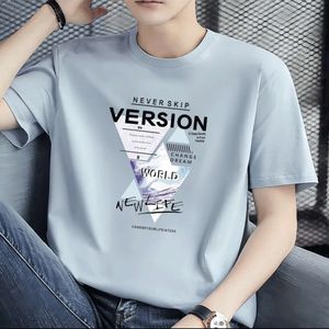 2024 Pure Cotton Short Sleeved T-shirt Men's Trendy Round Neck Simple Printed Casual Top T Loose 517-2-723-P15