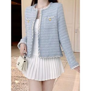 Women's Trench Coats Ce2023 Autumn/winter Product Round Neck Woven Coat Gold Button Decoration Blue Fresh and Temperament Style Small Fragrant