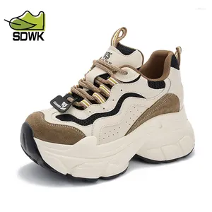 Casual Shoes SDWK Women Chunky Sneakers Genuine Leather Mesh Mixed Colors Round Toe Lace-Up Thick Sole Ladies Breathable QA022