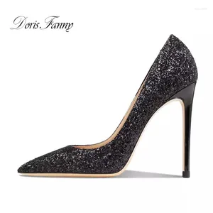 Sapatos de vestido Doris Fanny Black Glitter High Heels Ponto de ponta do dedo do pé raso Steletto Bombas sexy Lady Fashion for Party Wedding