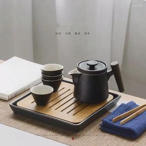 Teaware Set Ning Yu Wood Handle Black Pottery Mug Portable Travel Tea Set Quicks Cup En kruka med två koppar kan beställas logotyp