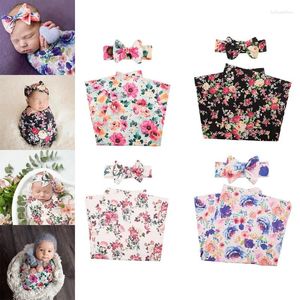 Filtar födda mode mottagande filt bowknot pannband set baby spädbarn bomull sovsäck swaddle wrap hårband pografi rekvisita