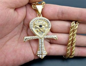 Egyptiska Ankh Pendant Halsband för kvinnor/män Guldfärg Rostfritt stål Eye of Horus Halsband Iced Out Bling Egypten smycken 2010149378211