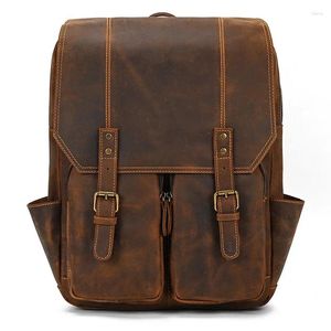 Ryggsäck Mad Horse Real Leather Shoulder Bags Men Cow Double Zipper Layer Business Big Capacity 15,6 tum Laptop Bag