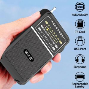 Radio Mini Full Band Radio Handheld FM/AM/SW -mottagare Portable TF/USB Music Player med 3,5 mm Jack High Sensitivity Recharyable Radio