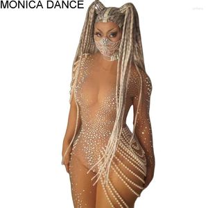 Stage Wear Sexy Single Sleeve Pearls Jumpsuit Transparent Mesh Elastic Bodysuit Leotard Nightclub Bar DJ Singer Dancer Party Costume