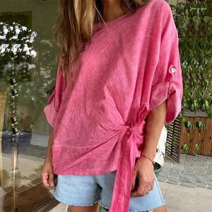 Women's Blouses Women Casual Long Sleeve Cotton Linen Shirt Solid Fashion Swing Knot Blouse Elegant Crew Collar Office Lady Top Blusa