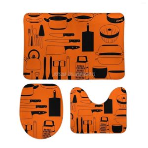 Bath Mats Chef Kitchen 3pcs Badrumsuppsättning tryckning Korall sammet icke-halktoalett täckmatta matlagning restaurang mat se