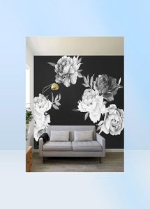 Aquarela preta e branca Peony Flowers Rose Sticker Decoração de casa Decoração da sala Crianças Decalque da parede Decoração de decalque 2205231045628