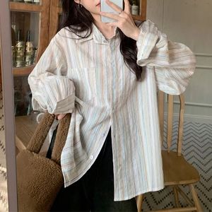 Vintage Office Lady Striped Shirt Spring Pocket Turn Down Collar Tops Korean Style Loose Long Sleeve Blouse Casual Women Clothes