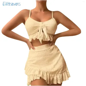 Women's Swimwear Bikini Three-Piece Fashion Solid Split Swimsuit Set V-Neck Vest High Waist Skirts With Briefs Causal Beachwear