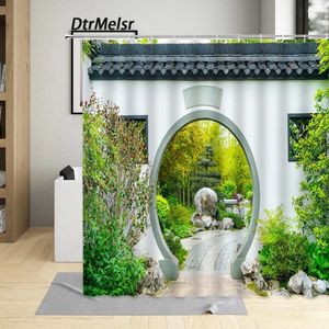 Cortinas de chuveiro jardim paisagem arco arco lunar porta verde plantas de bambu natural cenário de parede pendurado no banheiro de poliéster ganchos de decoração